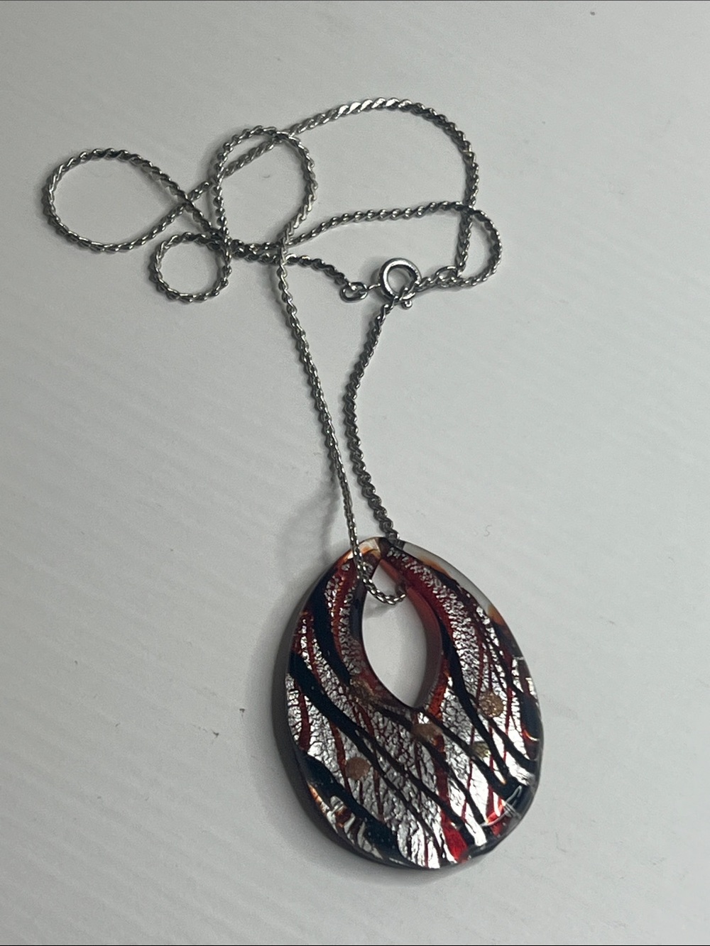 Silver Chain Necklace with Multicolor Oval Pendant